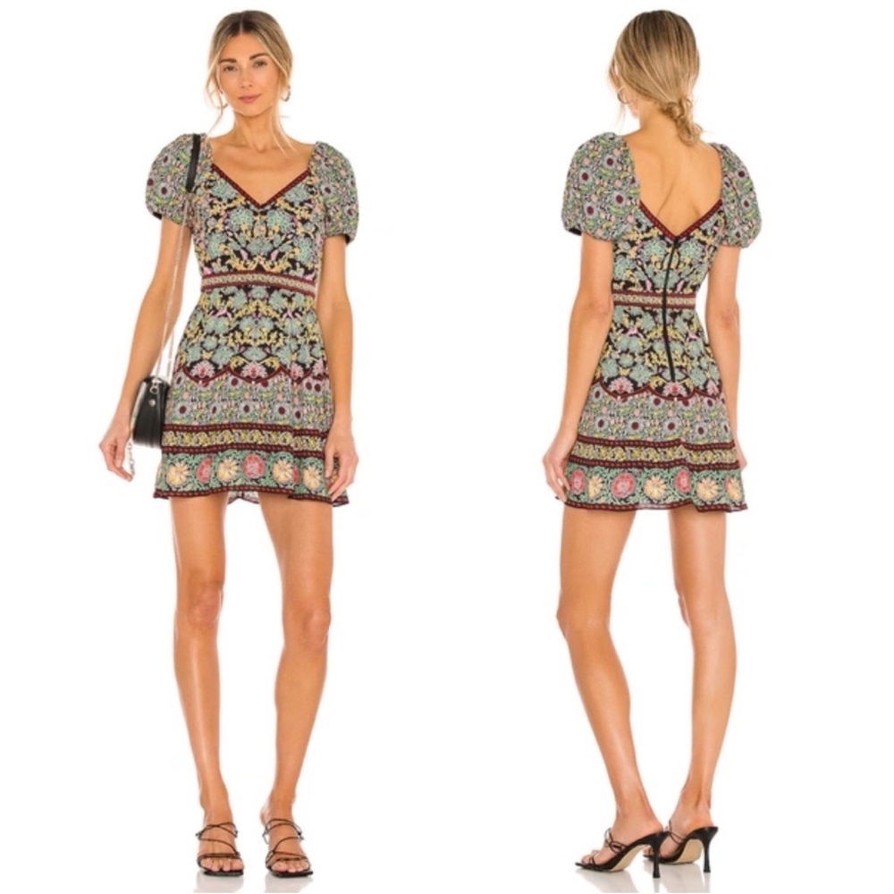 Alice + Olivia Dana Puff Sleeve Flare Dress In Flower Black Size 8 Dark Floral